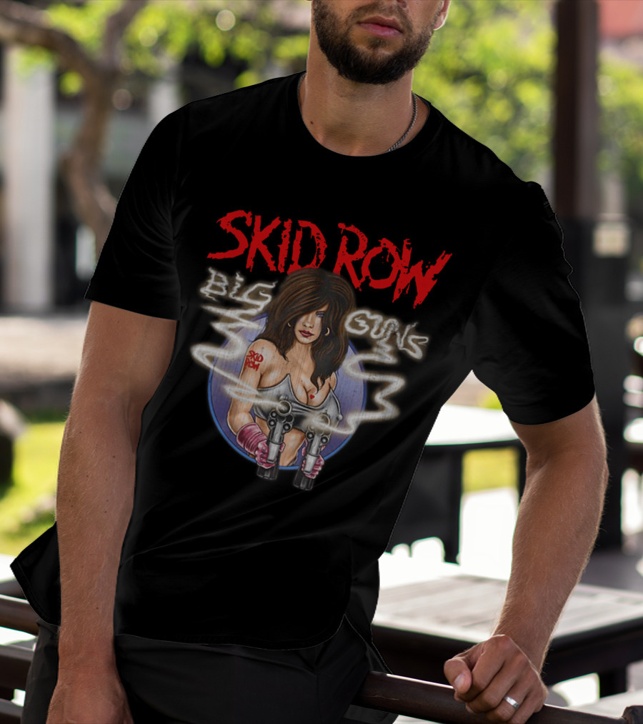 Skid Row Big Guns Heavy Metal Fan Art With Smoking Pistols Motif T-Shirt