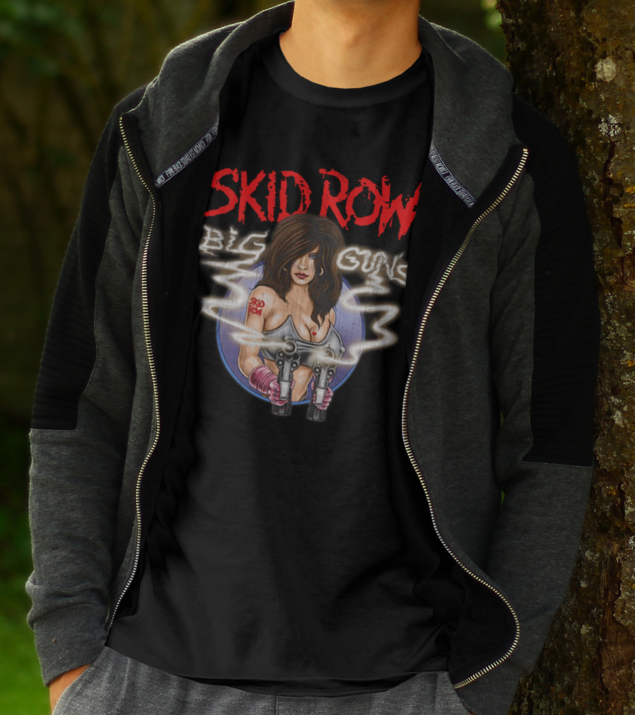 Skid Row Big Guns Heavy Metal Fan Art With Smoking Pistols Motif T-Shirt