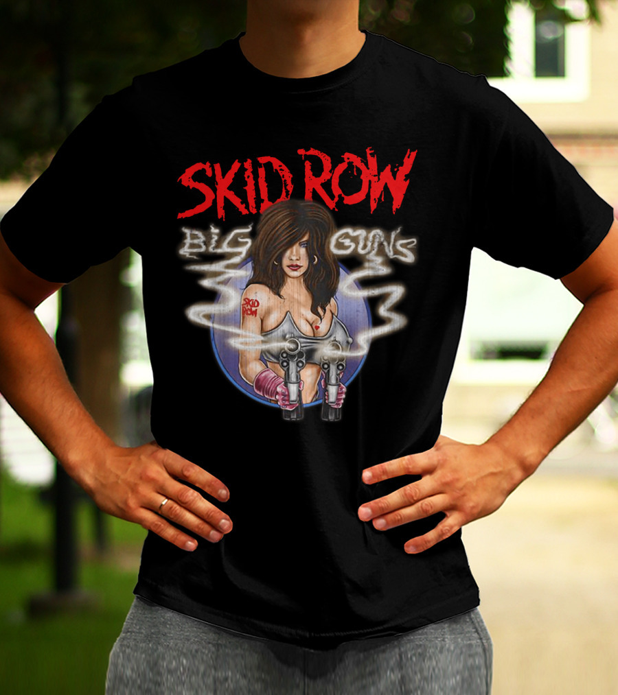 Skid Row Big Guns Heavy Metal Fan Art With Smoking Pistols Motif T-Shirt