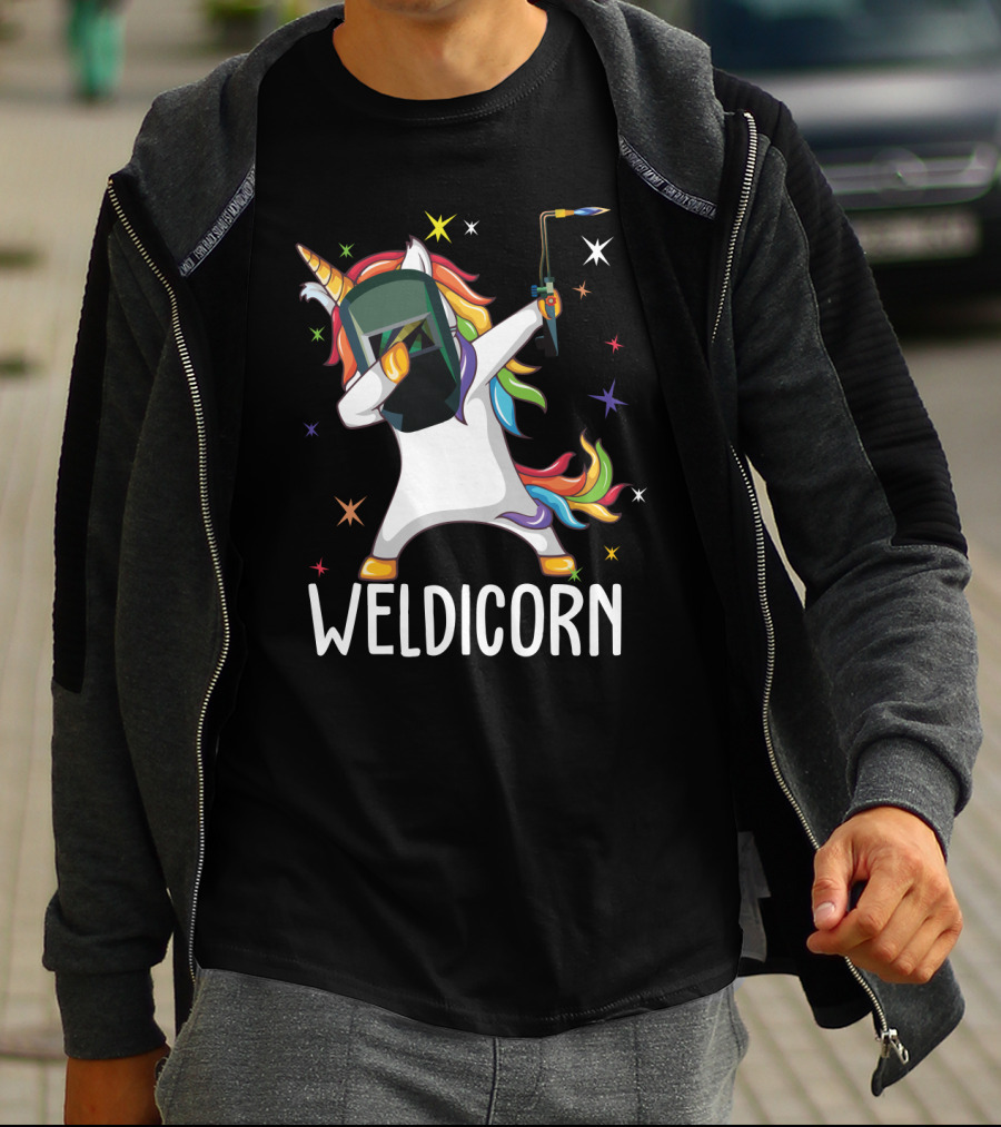 Weldicorn Funny Welder Unicorn Dabbing With Rainbow Mane And Welding Torch T-Shirt