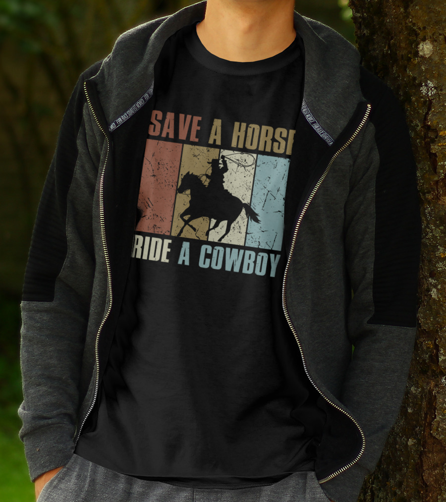 Save A Horse Ride A Cowboy Funny Vintage Horse Lovers Silhouette Retro Colors T-Shirt