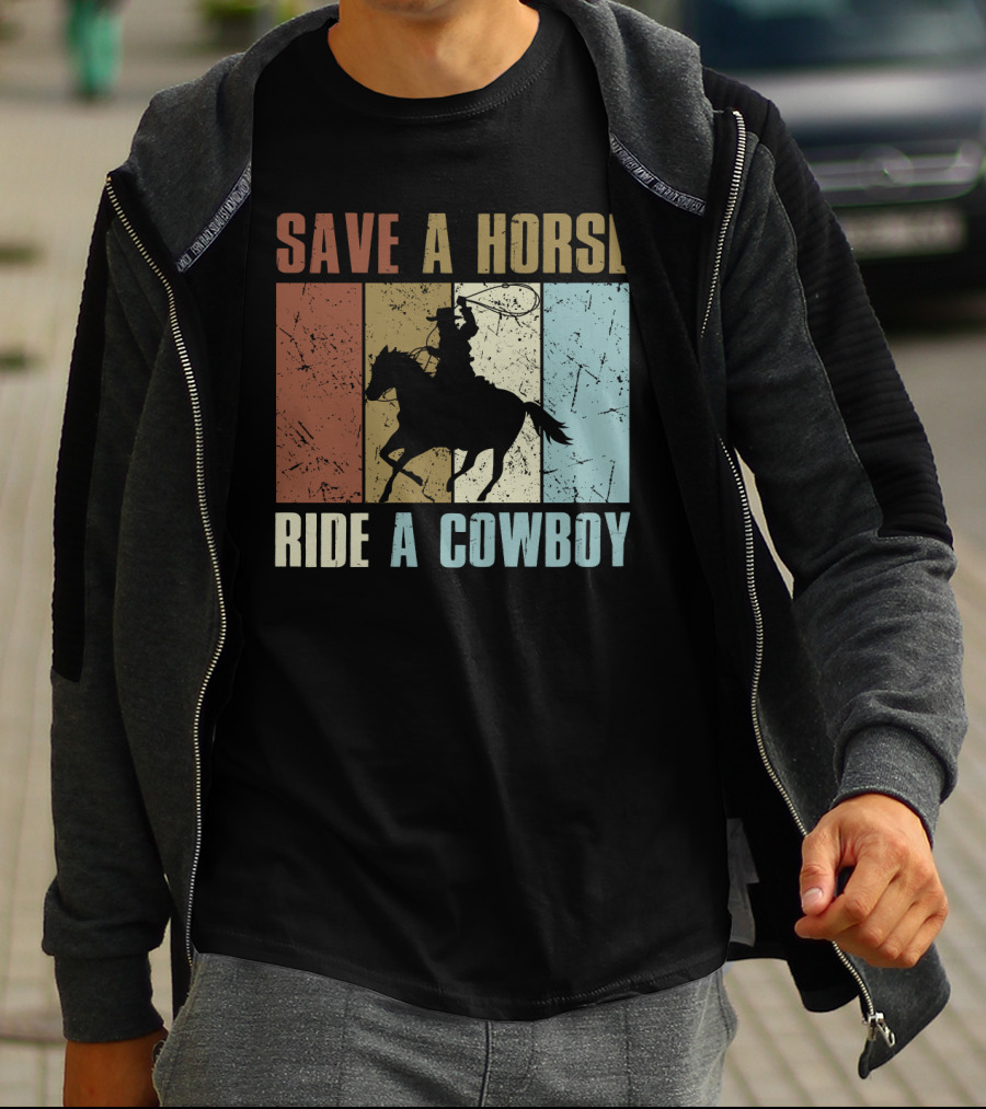 Save A Horse Ride A Cowboy Funny Vintage Horse Lovers Silhouette Retro Colors T-Shirt