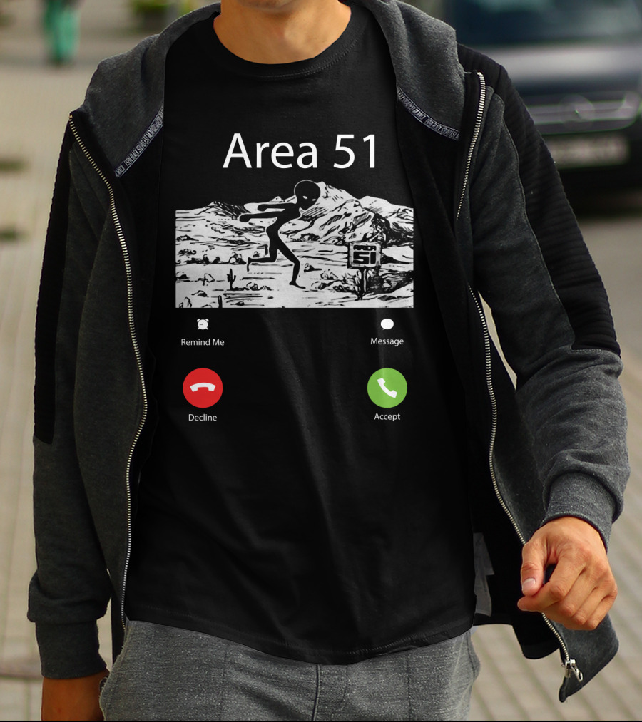 Area 51 Alien Running Desert Landscape With Call Options Remind Me Message Decline Accept T-Shirt