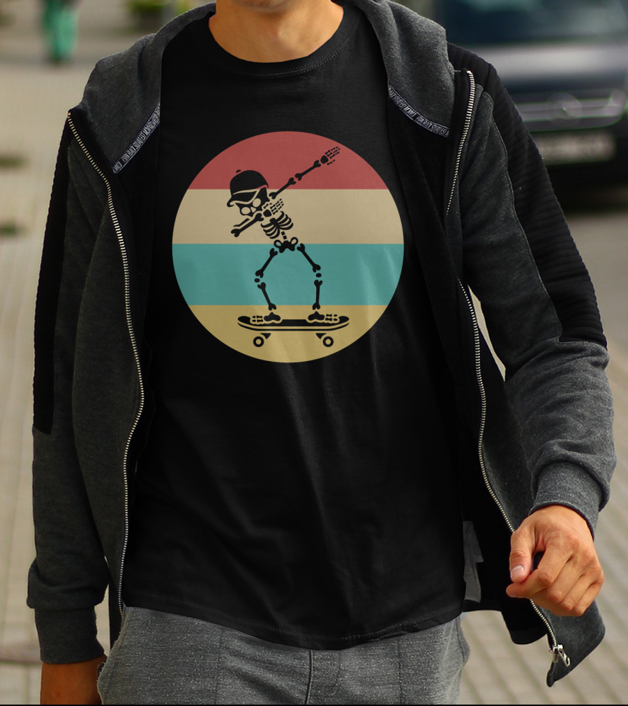 Dabbing Skeleton Skateboarder Retro Stripes Vintage Sunset T-Shirt