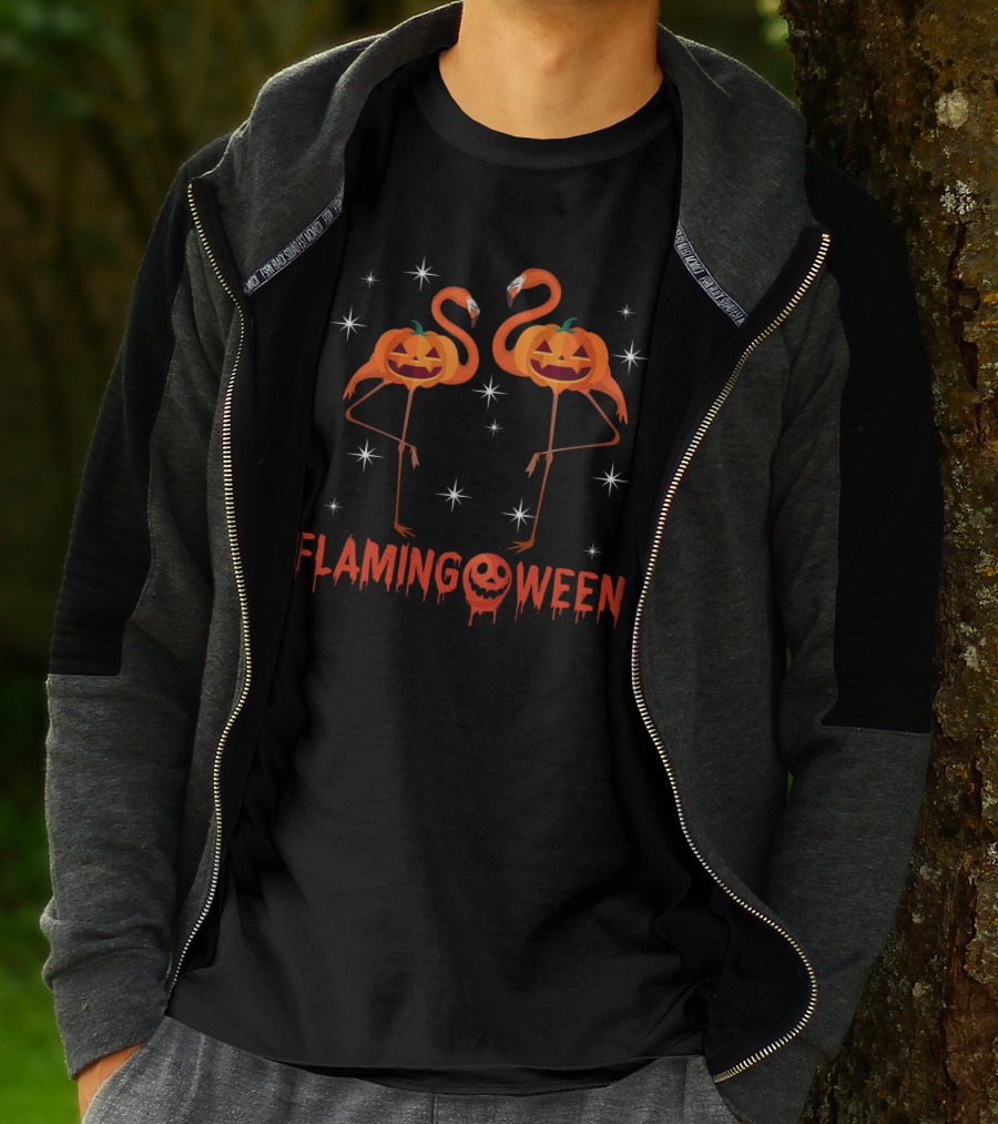 Flamingoween Funny Flamingos With Pumpkin Heads And Stars T-Shirt