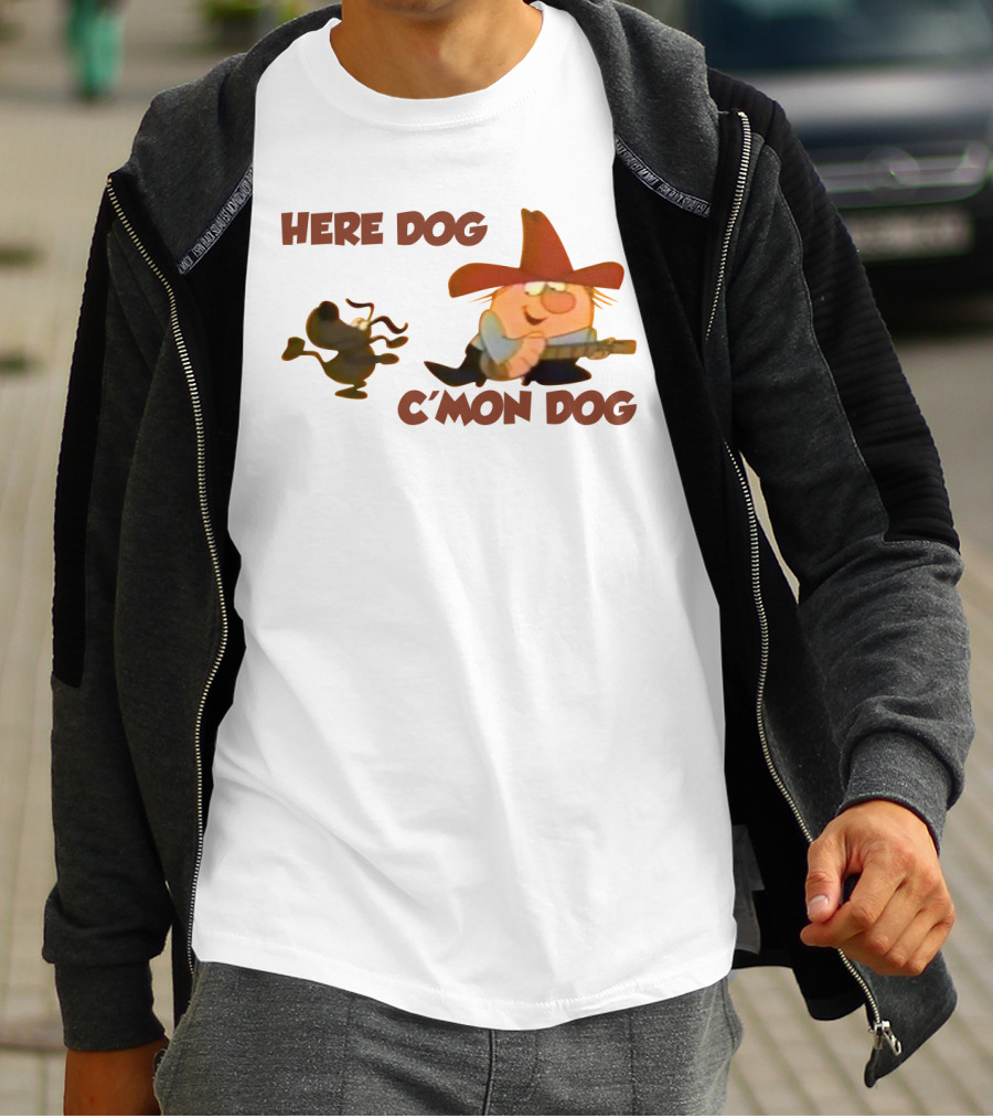 Here Dog C'mon Dog Cartoon Character With Cowboy Hat And Guitar T-Shirt