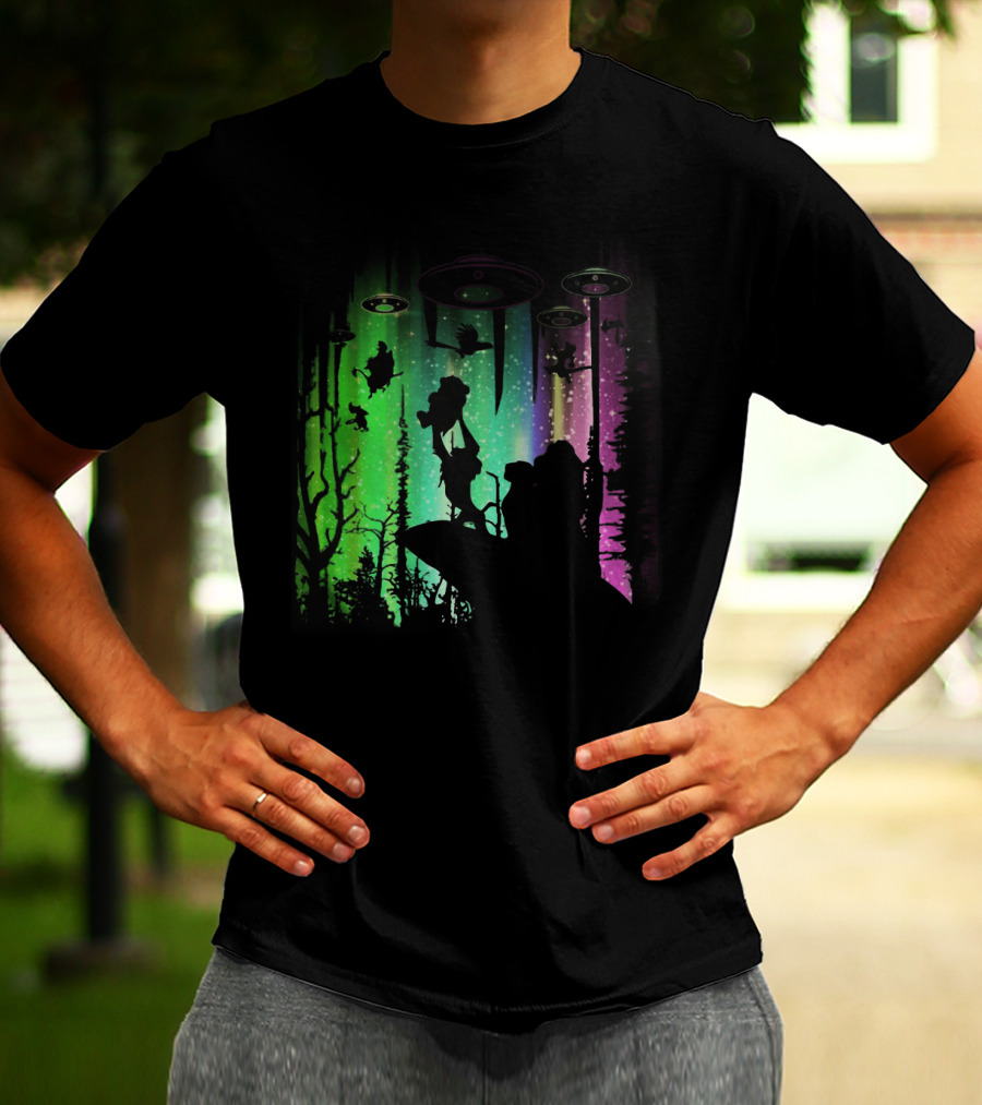 The Lion King Silhouette With UFOs And Aurora In Storm Area Scene T-Shirt