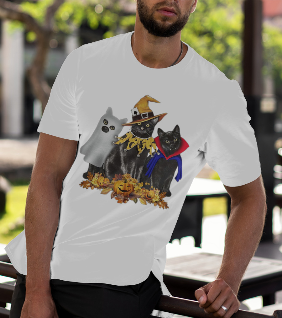Black Cat Witch Boo Vampire Halloween With Pumpkins And Ghost Costume T-Shirt