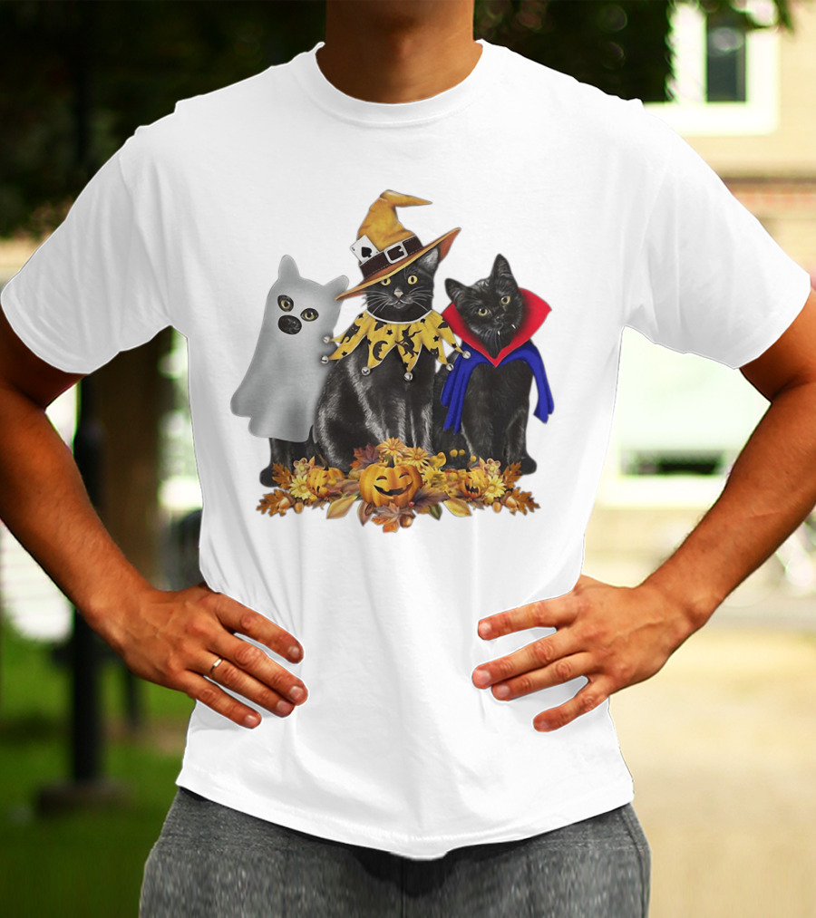 Black Cat Witch Boo Vampire Halloween With Pumpkins And Ghost Costume T-Shirt