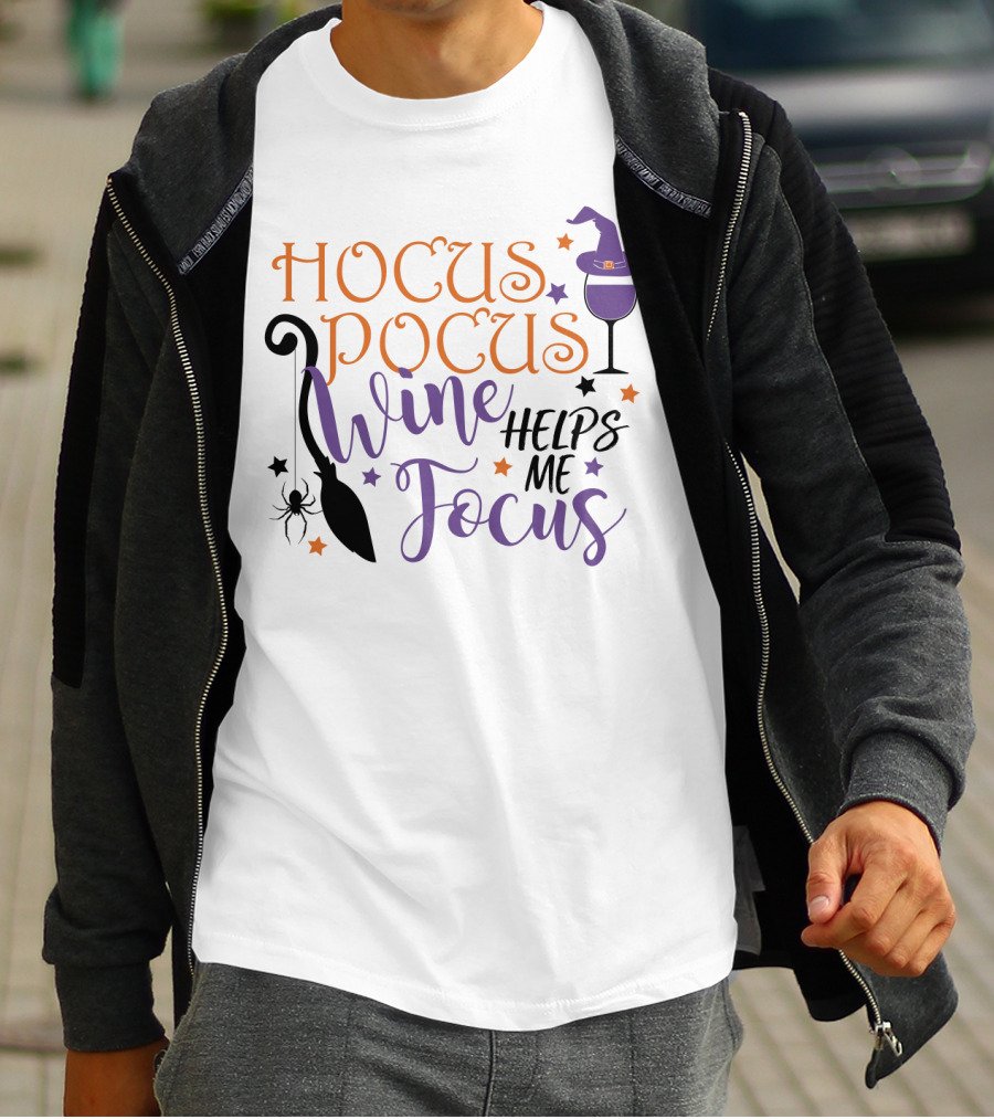 Hocus Pocus Wine Helps Me Focus Funny Halloween Witch Hat Broom Spider Stars T-Shirt