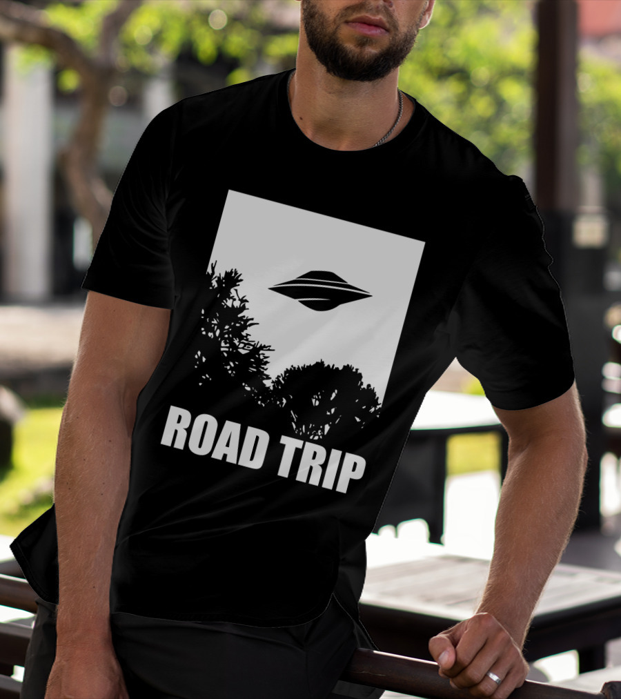 Road Trip UFO Flying Over Silhouette Trees T-Shirt