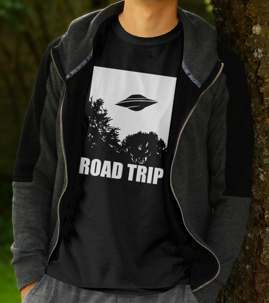 Road Trip UFO Flying Over Silhouette Trees T-Shirt