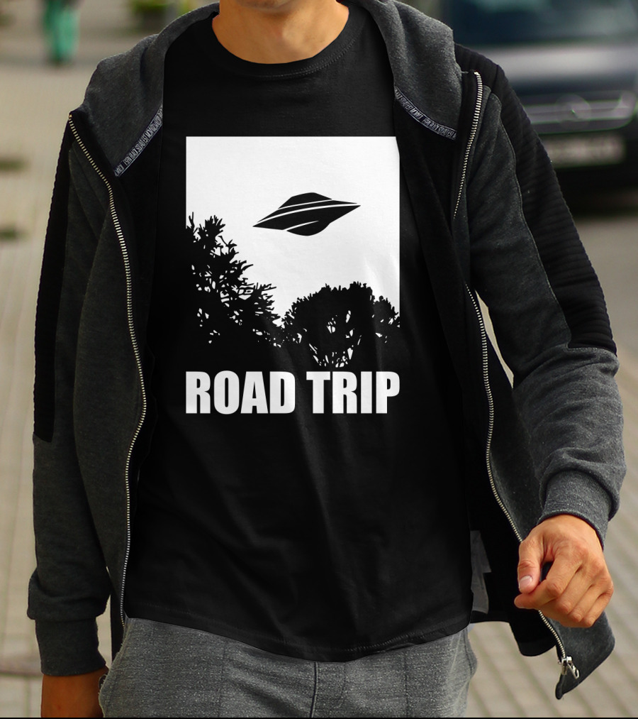 Road Trip UFO Flying Over Silhouette Trees T-Shirt