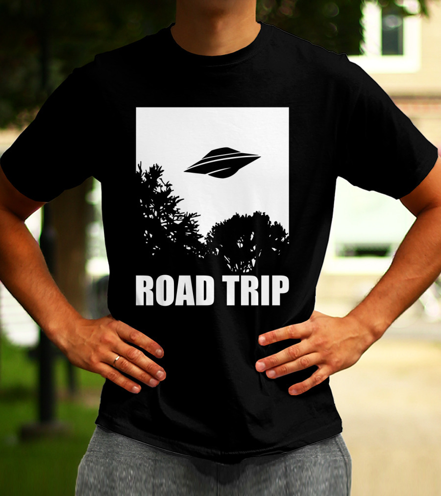Road Trip UFO Flying Over Silhouette Trees T-Shirt