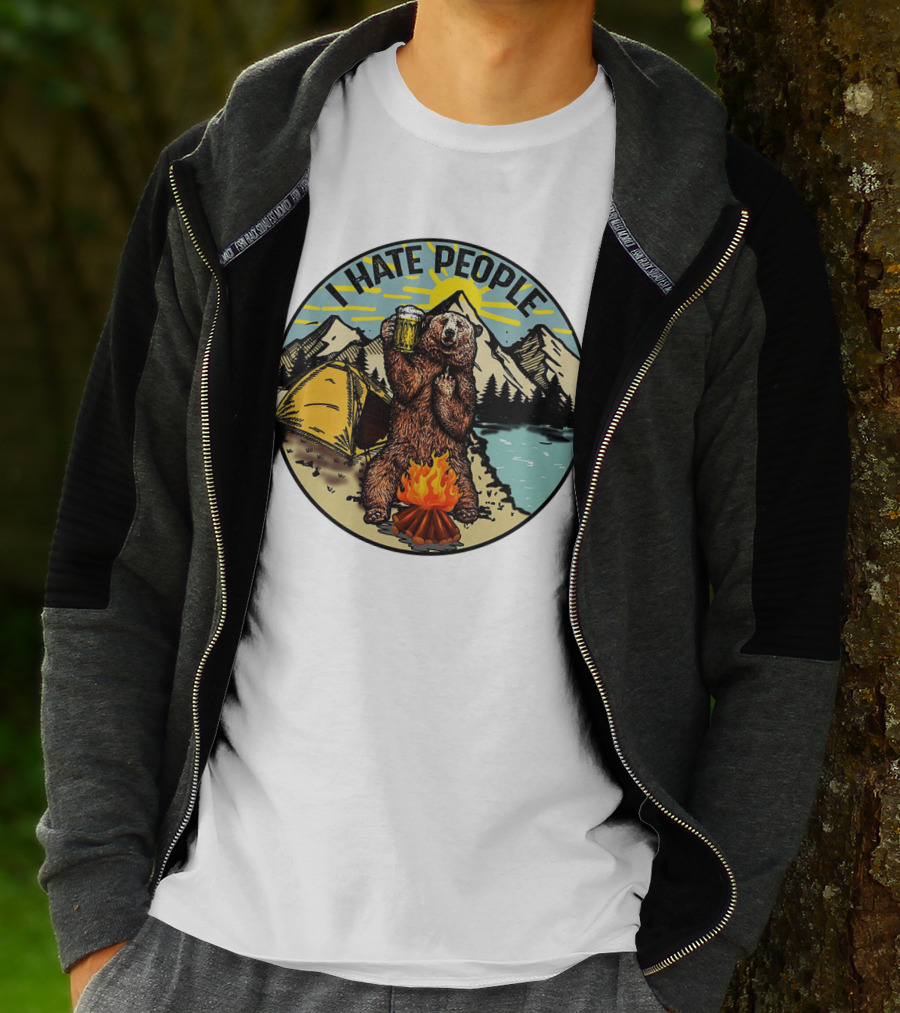 I Hate People Funny Sarcastic Camping Bear With Beer By Campfire T-Shirt
