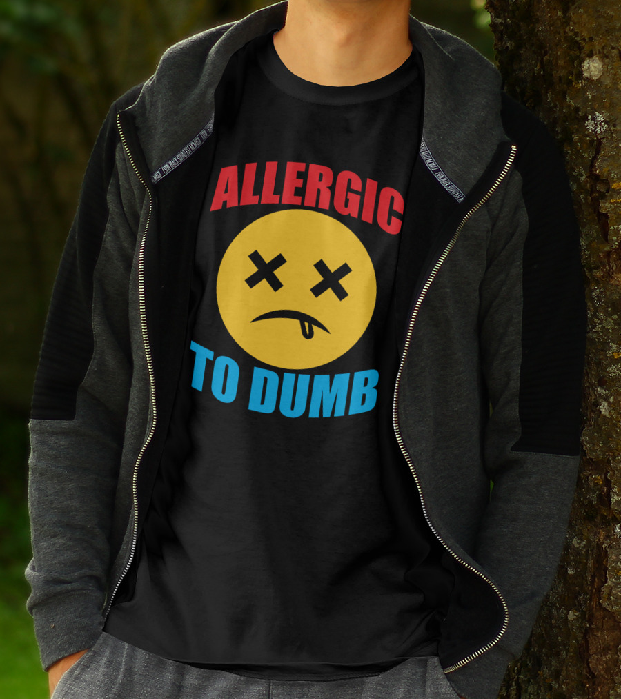 Allergic To Dumb Funny Sarcasm Tattooed Girls With Yellow Emoticon Face And Crossed Eyes T-Shirt