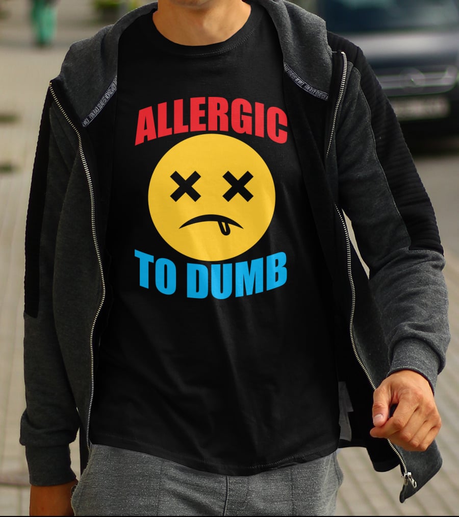 Allergic To Dumb Funny Sarcasm Tattooed Girls With Yellow Emoticon Face And Crossed Eyes T-Shirt