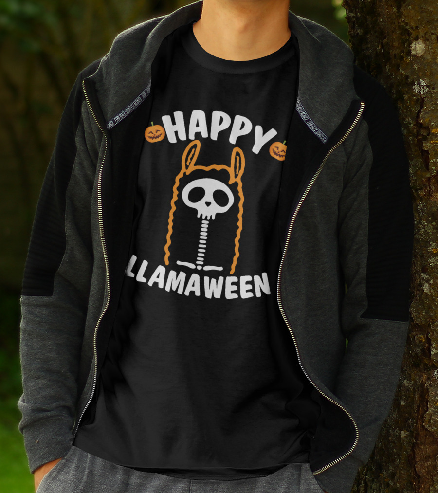 Happy Llamaween Skeleton Llama With Pumpkins And Festive Halloween T-Shirt