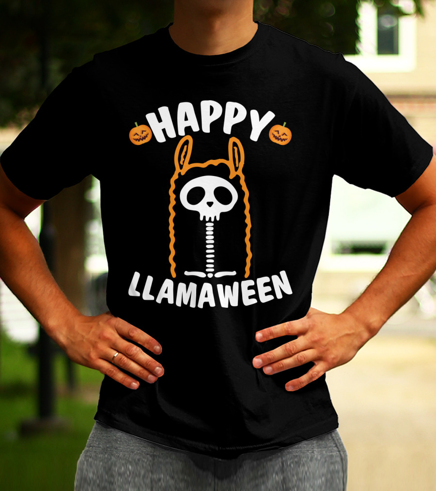 Happy Llamaween Skeleton Llama With Pumpkins And Festive Halloween T-Shirt