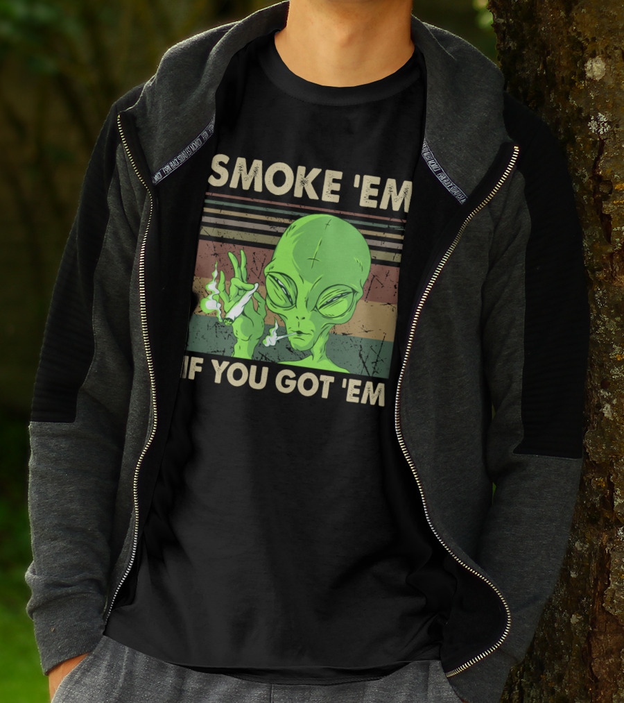 Smoke 'Em If You Got 'Em Green Alien Smoking With Retro Stripes T-Shirt