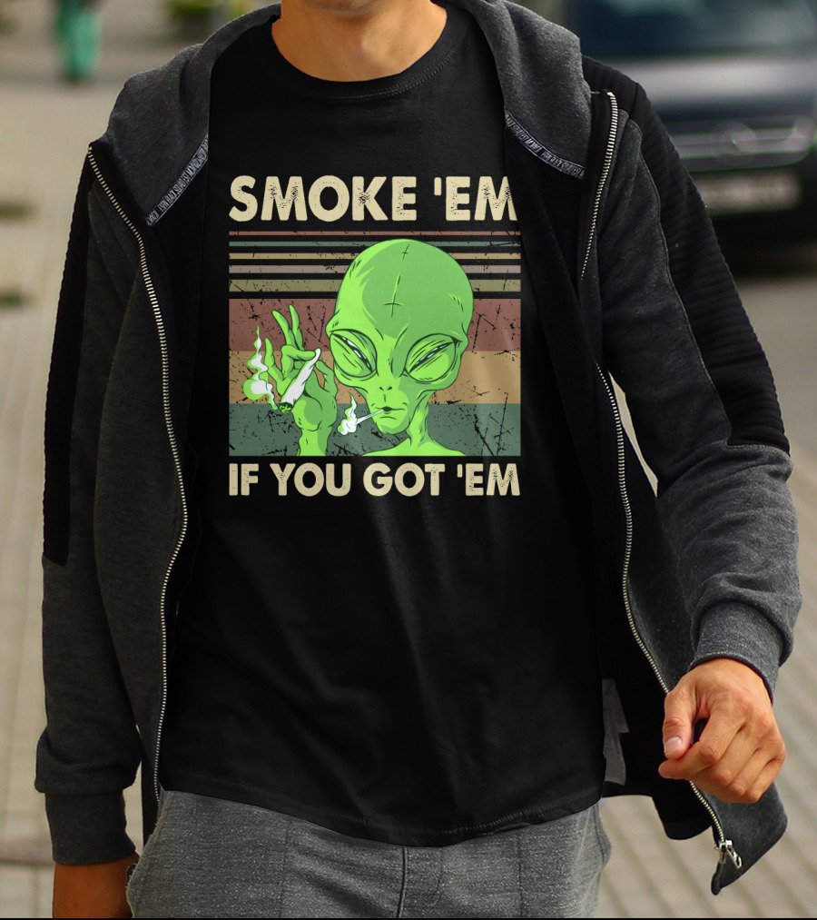 Smoke 'Em If You Got 'Em Green Alien Smoking With Retro Stripes T-Shirt