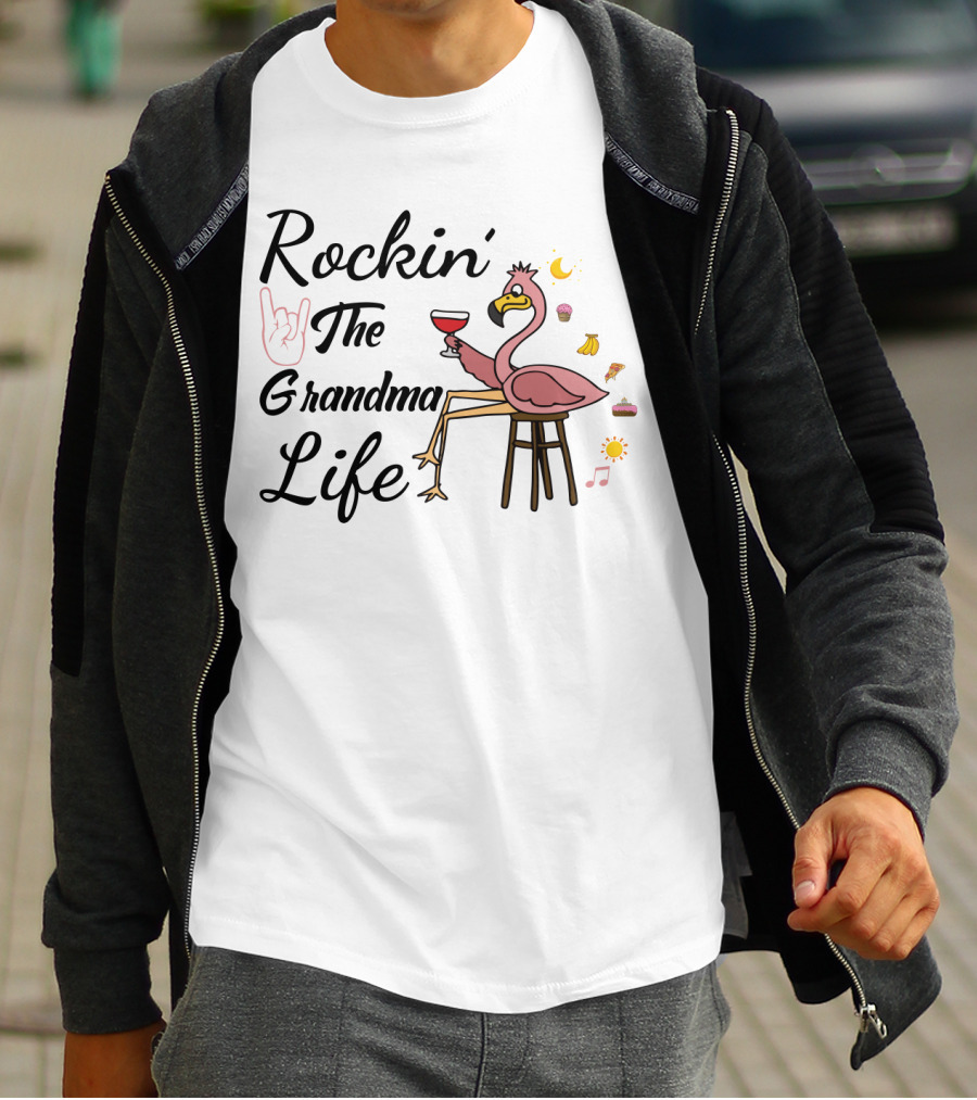Rockin' The Grandma Life Wine Glass Flamingo With Musical Notes And Cupcakes T-Shirt