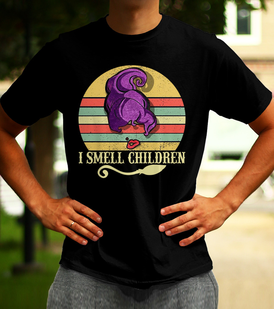 I Smell Children Vintage Sunset Mary Sanderson Hocus Pocus Witch Hat Retro Stripes T-Shirt