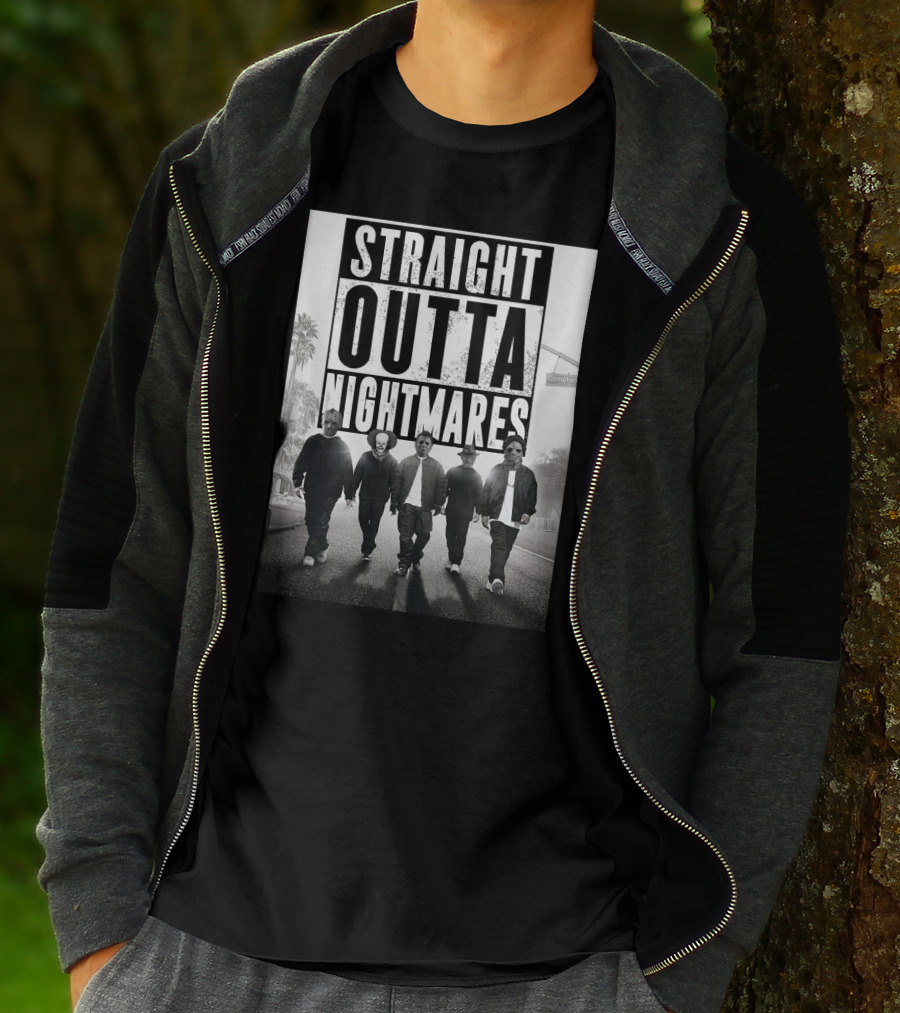 Straight Outta Nightmares Jason IT Michael Freddy Thomas Horror Icons Walking Down Compton Street T-Shirt