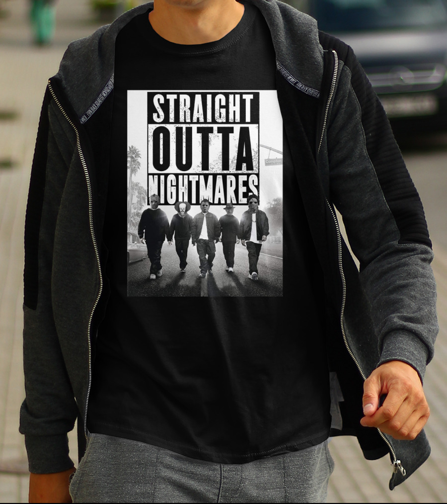 Straight Outta Nightmares Jason IT Michael Freddy Thomas Horror Icons Walking Down Compton Street T-Shirt