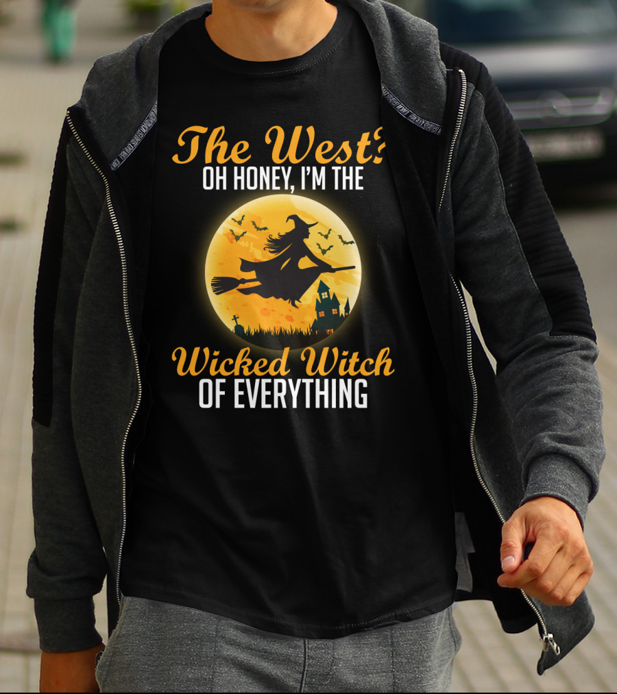 The West Oh Honey I'm The Wicked Witch Silhouette Flying On Broom Halloween Moon Scene T-Shirt