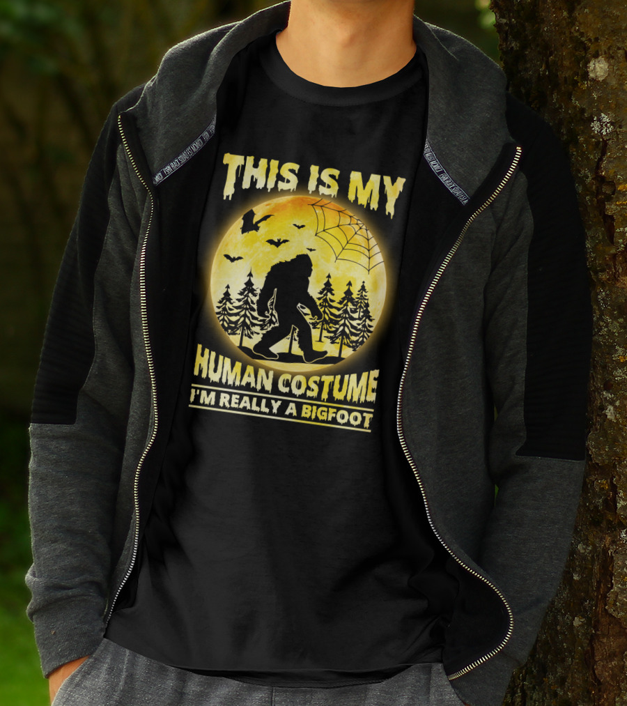 Bigfoot Silhouette In Moonlit Forest With Web And Bats - This Is My Human Costume I'm Really A Bigfoot T-Shirt