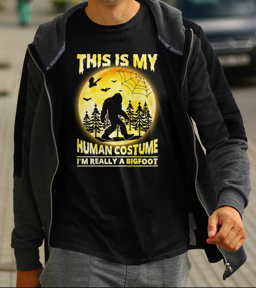 Bigfoot Silhouette In Moonlit Forest With Web And Bats - This Is My Human Costume I'm Really A Bigfoot T-Shirt