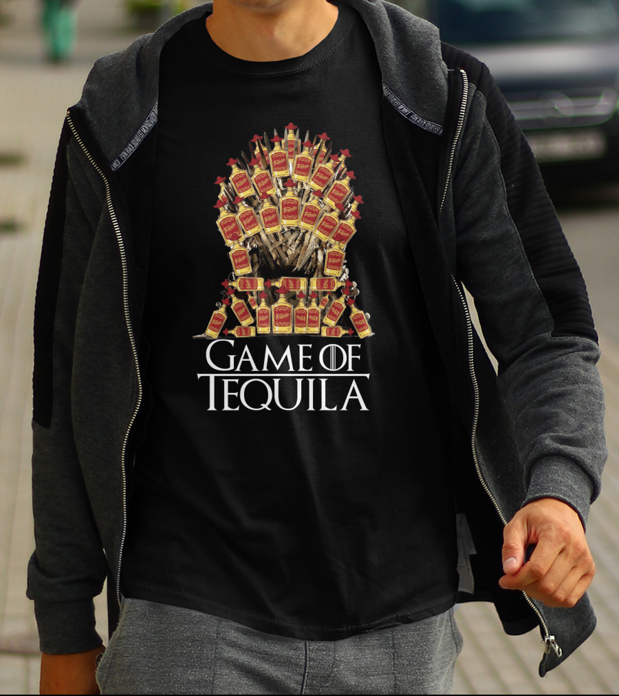 Game Of Tequila Sarcasm Parody For Drinking Fans Featuring Iconic Throne Made Of Liquor Bottles T-Shirt