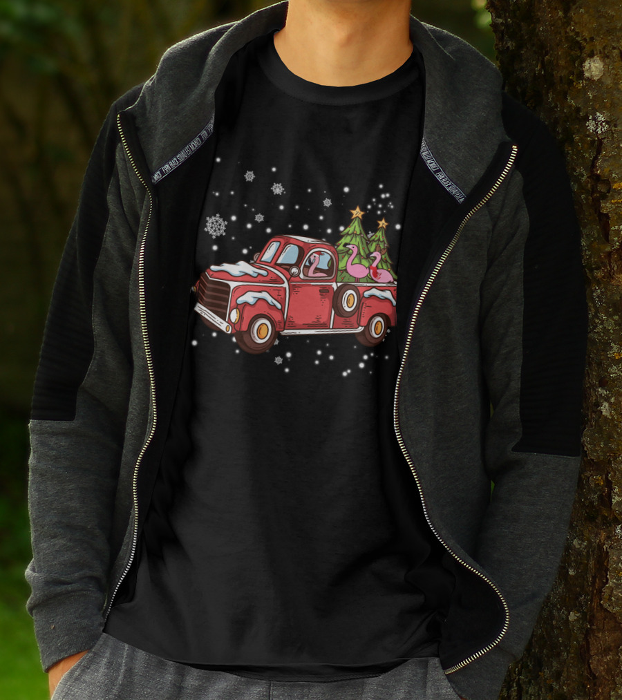 Christmas Flamingos Riding In Red Truck With Snowflakes And Christmas Trees T-Shirt
