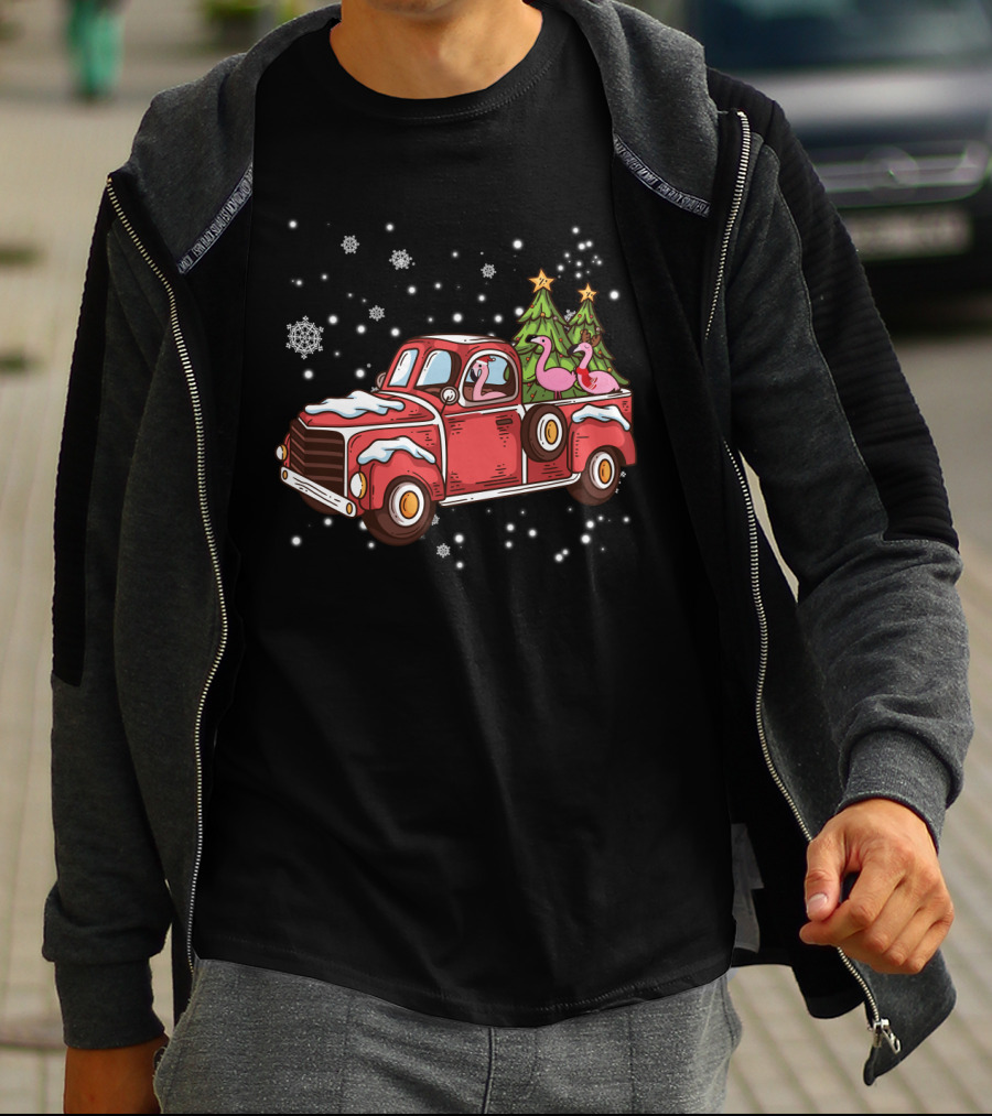 Christmas Flamingos Riding In Red Truck With Snowflakes And Christmas Trees T-Shirt