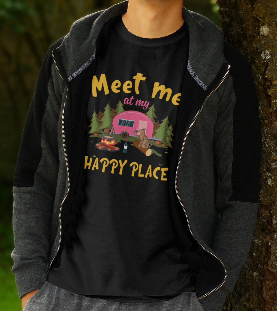 Meet Me At My Happy Place Funny Camping Cat With Wine By Campfire T-Shirt