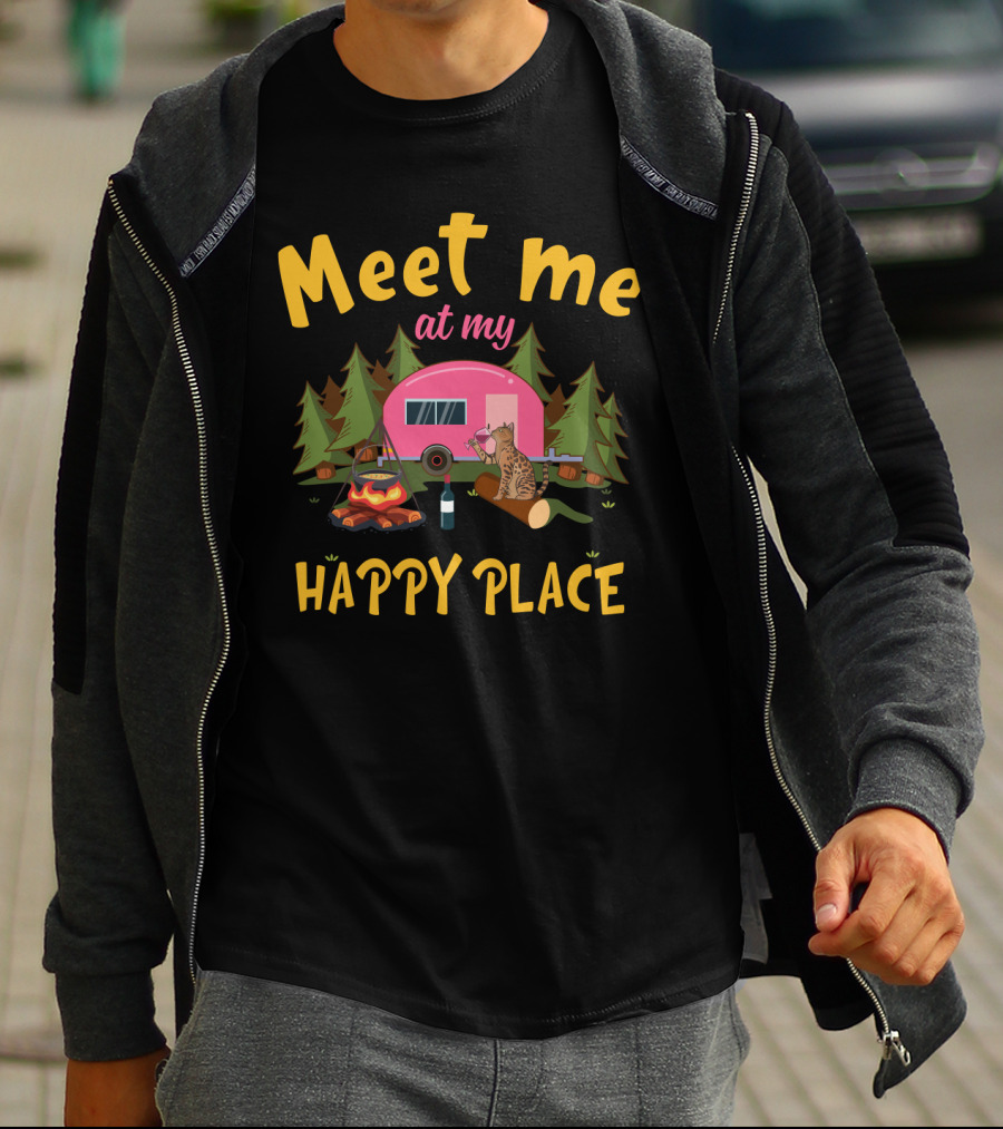 Meet Me At My Happy Place Funny Camping Cat With Wine By Campfire T-Shirt