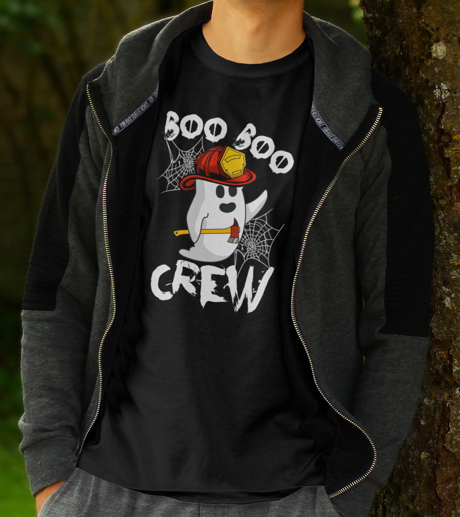 Boo Boo Crew Ghost With Firefighter Helmet And Axe Halloween T-Shirt