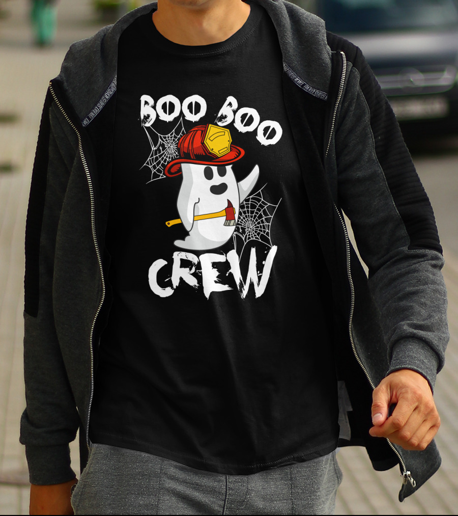 Boo Boo Crew Ghost With Firefighter Helmet And Axe Halloween T-Shirt
