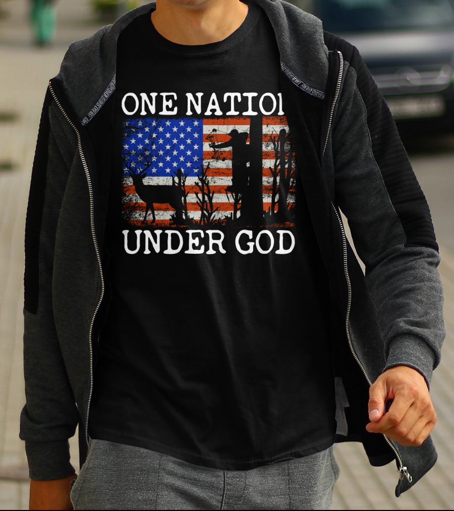 One Nation Under God American Flag Deer Hunting Bow Hunter T-Shirt