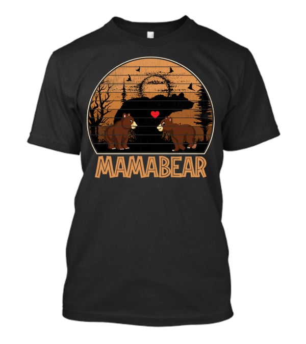 Mama Bear Vintage Sunset With Bears And Heart In Forest Scene T-Shirt