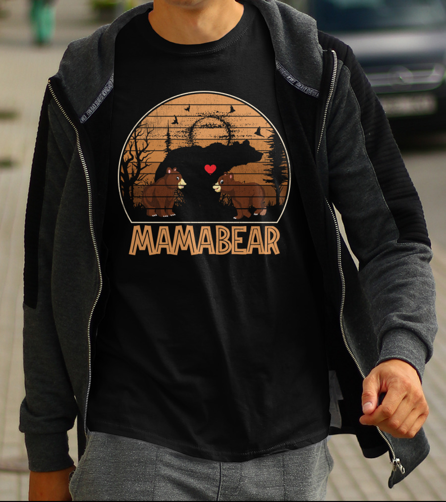 Mama Bear Vintage Sunset With Bears And Heart In Forest Scene T-Shirt