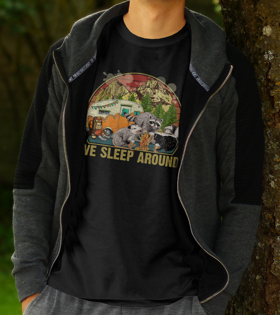 We Sleep Around Raccoon Opossum Skunk Camping Beer Vintage Sunset Wilderness Camper T-Shirt