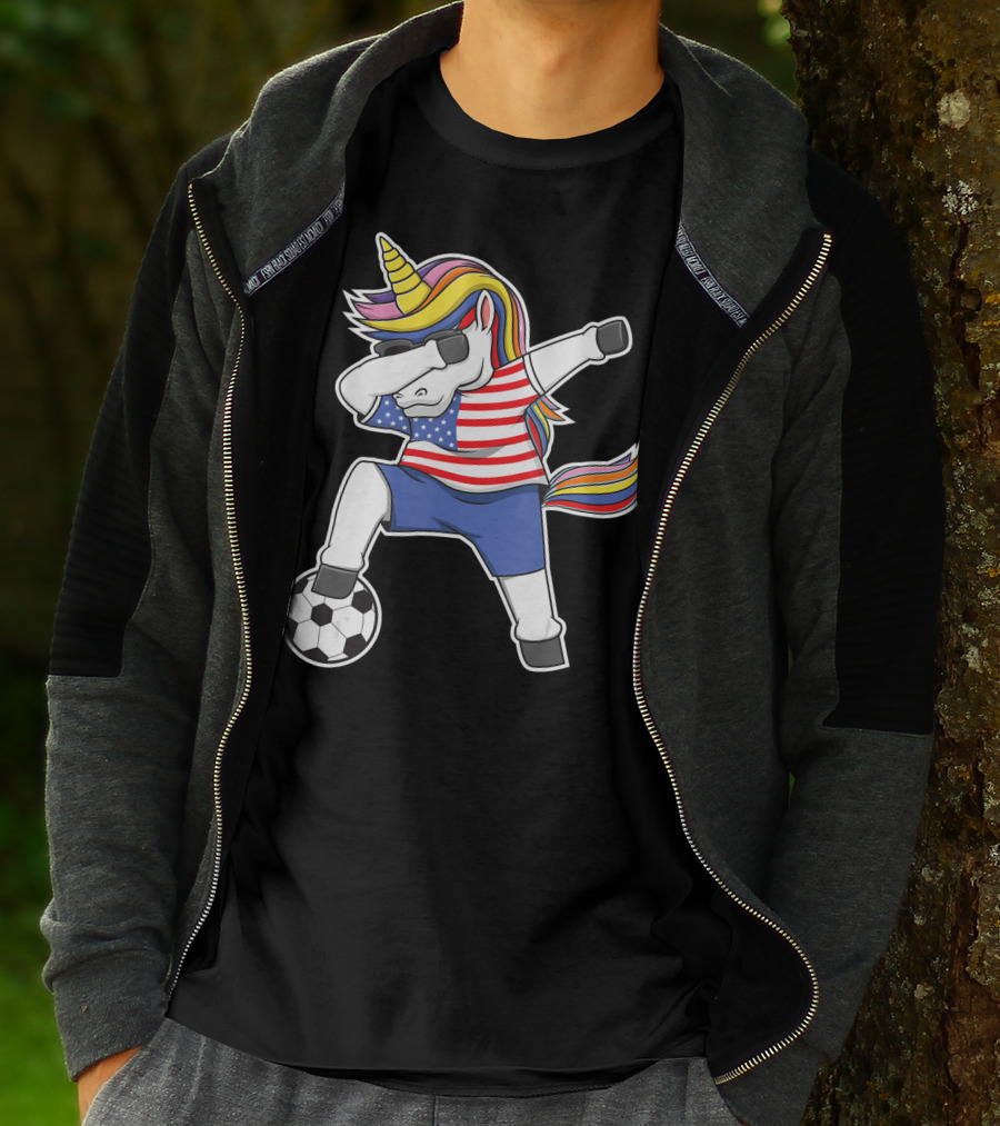 Dabbing Soccer Unicorn USA Girls Unicorn Lover Stars And Stripes Football T-Shirt