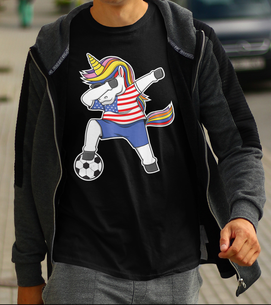 Dabbing Soccer Unicorn USA Girls Unicorn Lover Stars And Stripes Football T-Shirt
