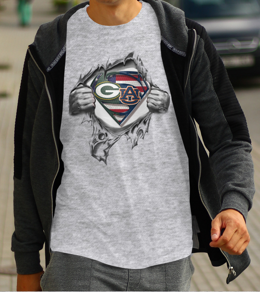 Green Bay Packers Auburn Tigers Superman Logo USA Flag T-Shirt