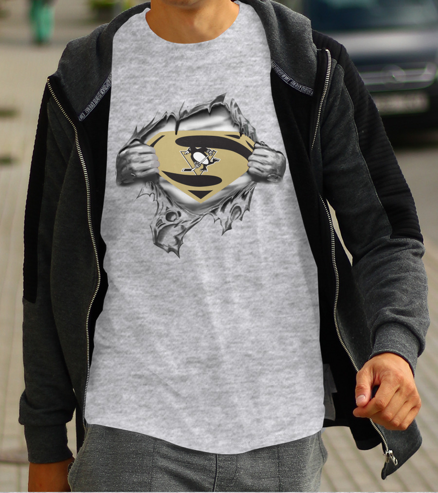 Pittsburgh Penguins Hockey Superhero Emblem Reveal T-Shirt