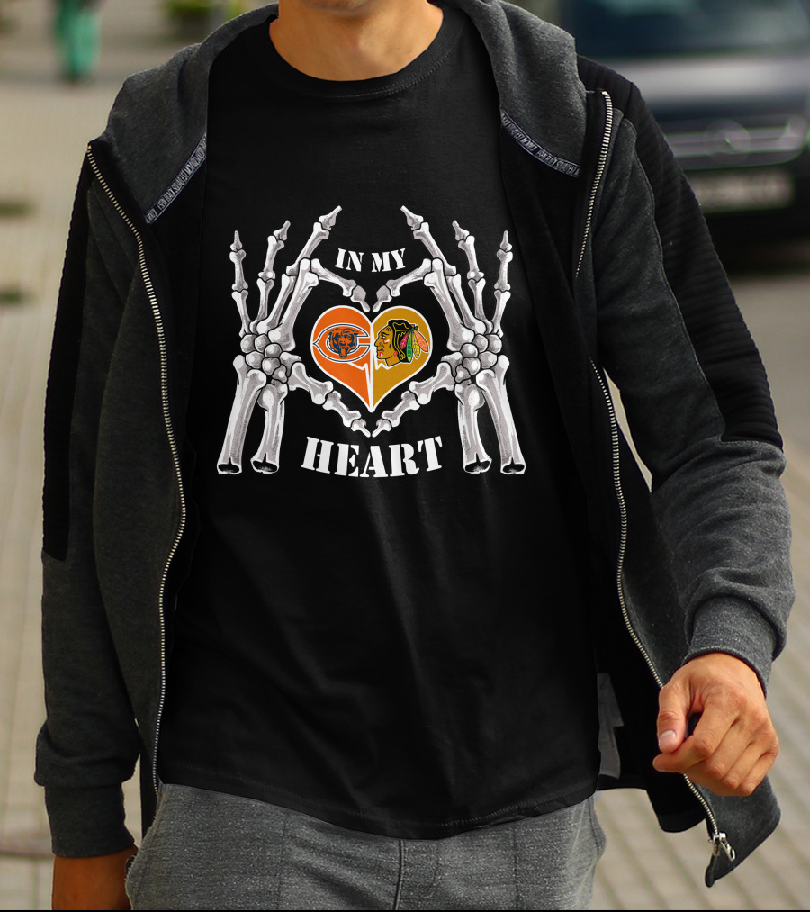 In My Heart Chicago Bears Blackhawks Logos Skeleton Hands T-Shirt