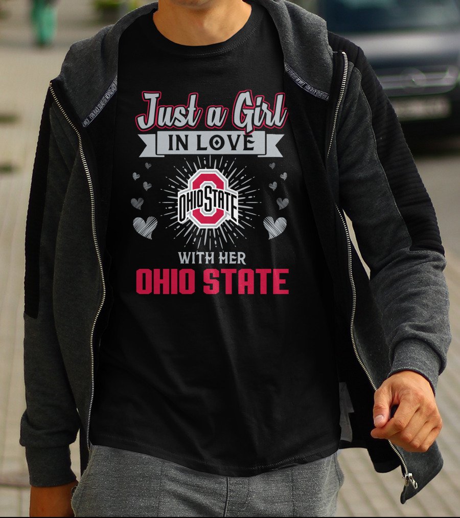 Just A Girl In Love Ohio State Logo Surrounded By Hearts T-Shirt
