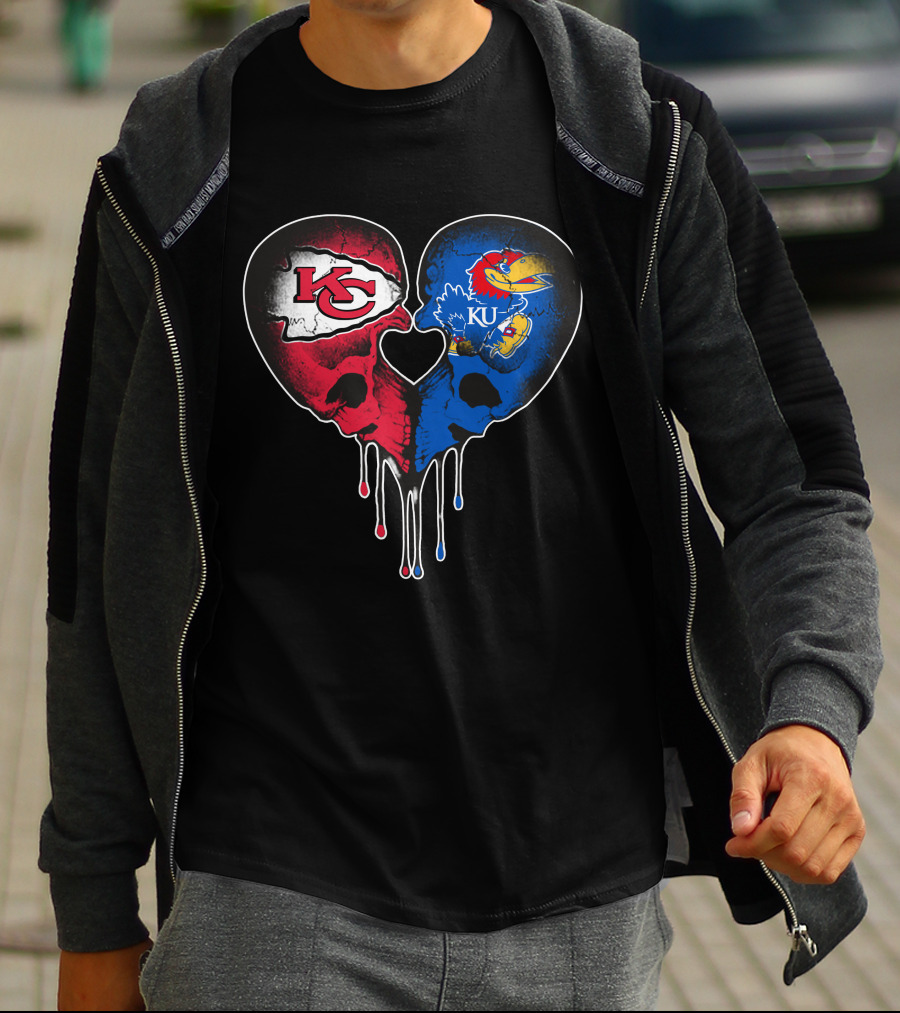 Chiefs KU Jayhawks Heart Skull T-Shirt